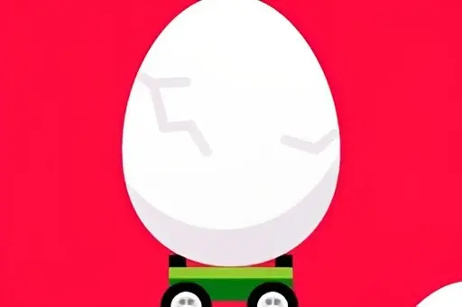 Imagem do jogo mostrando um grande ovo branco com rachaduras sobre um carrinho verde com rodas pretas, em fundo vermelho vibrante, representando o desafio de não deixar o ovo cair.